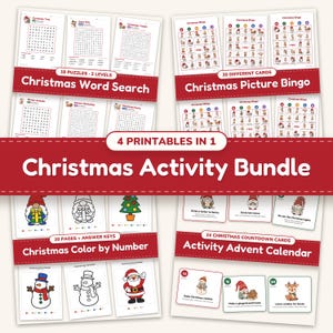Christmas activity bundle for kids: a word search set, picture bingo, color by number and an activity advent calendar