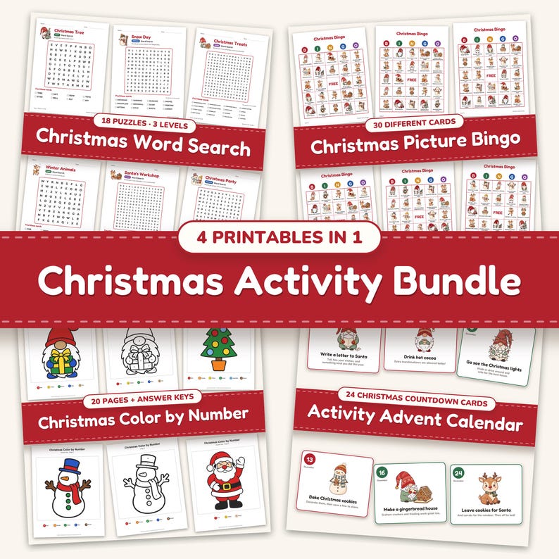Christmas activity bundle for kids: a word search set, picture bingo, color by number and an activity advent calendar