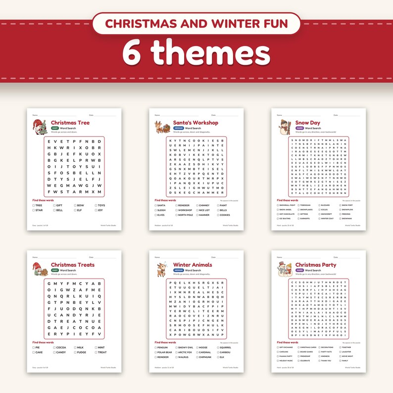 One word search from each of the six Christmas and winter themes