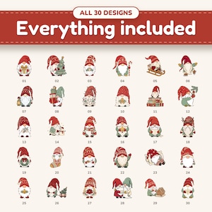 All 30 christmas gnome clipart designs in the bundle, numbered