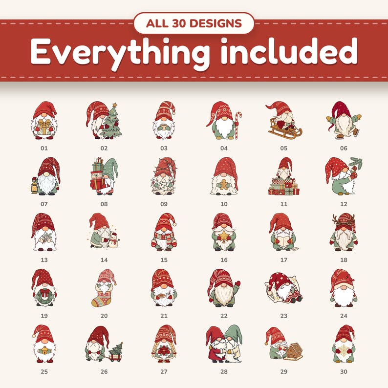 All 30 christmas gnome clipart designs in the bundle, numbered