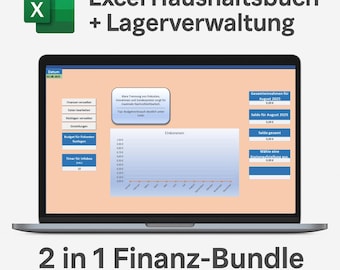 Puede incluir: Un ordenador portátil que muestra una hoja de cálculo de Excel con datos financieros y el texto "Excel Haushaltsbuch + Lagerverwaltung" y "2 in 1 Finanz-Bundle". La pantalla muestra gráficos y campos de entrada de datos, con el logotipo de Excel.
