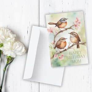 Carte d'anniversaire imprimable pour maman | Oiseaux | Fleurs | Oiseaux mésanges | Joyeux anniversaire maman | Carte numérique | Fleurs roses