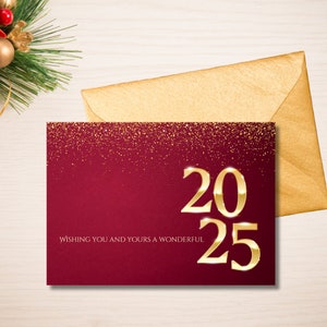 Cartão de Ano Novo 2025, Ano Novo 2025, Cartão de felicitações, Cartão digital, Imprimível, Feliz Ano Novo, Vermelho, Dourado, Download digital, Para download
