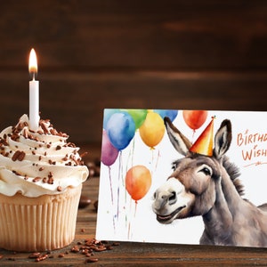 Afdrukbare ezelverjaardagskaart, aquarel, boerderij, grappig, wenskaart, gevouwen afdrukbare verjaardagskaart, kinderverjaardag, digitaal, downloadbaar