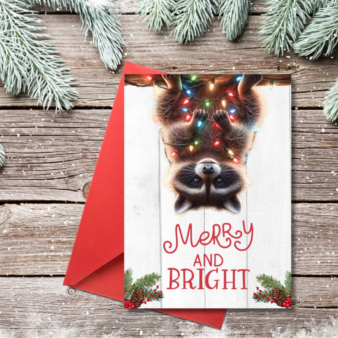 Funny Raccoon Christmas Card, Tangled Lights (digital Download) - Etsy