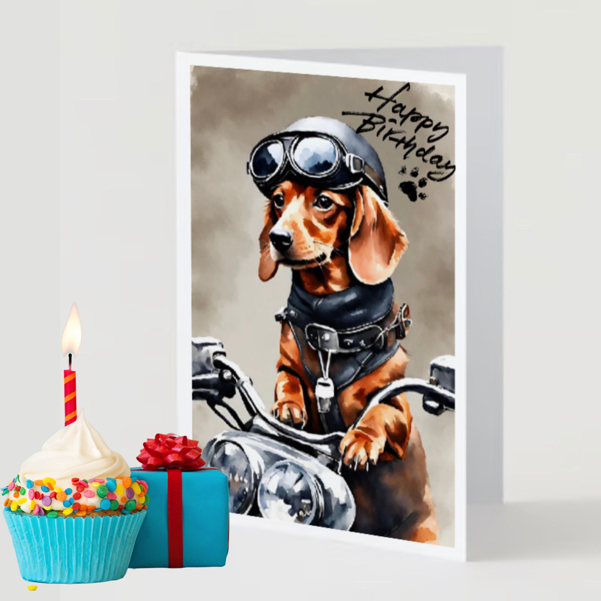 Printable Birthday Card Cute Dachshund Dog on Motorcycle Digital ...