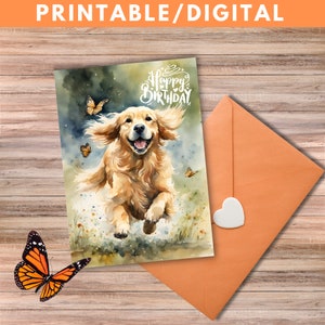 Birthday Card | Golden Retriever | Puppy | with Butterfly | Happy Birthday | Watercolor Style | Printable | Digital | Printable