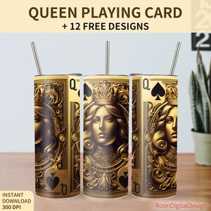 Queen Playing Card 20oz Skinny Tumbler Design a sublimazione, Poker Digital Download PNG istantaneo, Luxury Fashion Straight Tumbler Wrap, Dorato