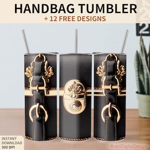 May include: A black and gold tumbler with a handbag design. The tumbler has a gold clasp and a gold strap with a gold buckle. The tumbler is 20 ounces and is made of stainless steel.