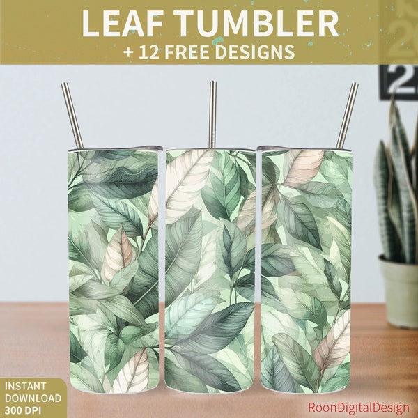 Green Leaf 20oz Skinny Tumbler Sublimation Design, Nature Leaves Digital Download PNG Instant, Straight Tumbler Wrap Bundle, Fresh Plant