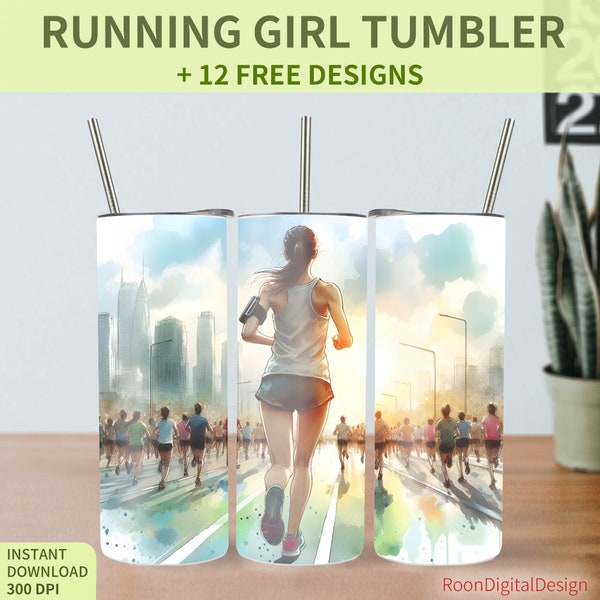 Running Girl 20oz Skinny Tumbler Sublimation Design, Runner, Download PNG Instant, Straight Tumbler Wrap, Athletic, Sport, Marathon, Run