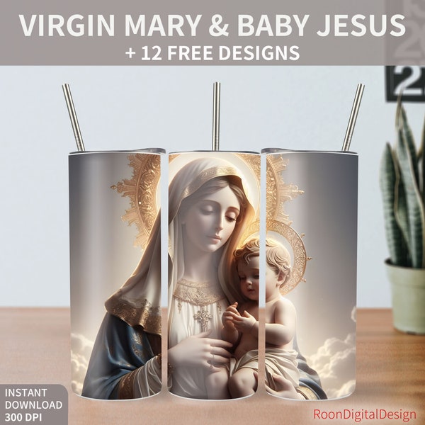 Mother of God, Baby Jesus 20oz Skinny Tumbler Sublimation Design, Virgin Mary Download PNG Instant, Virgin of Guadalupe Tumbler Wrap Bundle