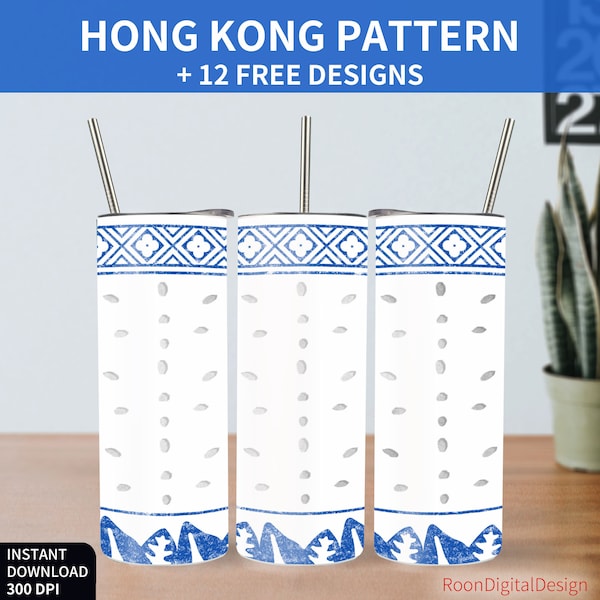 Hong Kong Iconic Pattern 20oz Skinny Tumbler Sublimation Design Classic Digital Download PNG Instant Vintage Rice Bowl Straight Tumbler Wrap