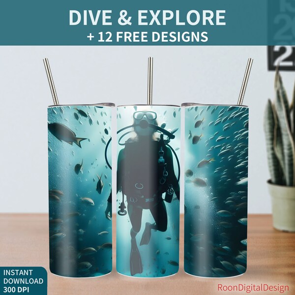 Woman Diver 20oz Skinny Tumbler Sublimation Design, Diving, Fish Lover, Ocean, Sea, Download PNG Instant Straight Tumbler Wrap, Sport