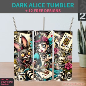 Design en sublimation pour gobelet maigre 20 oz Dark Alice, aventure en téléchargement numérique PNG instantané, emballage de verre droit, fée, dessin animé