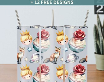 Prince Adventure 20oz Skinny Tumbler Sublimation Design, Fairy Tale Pattern Digital Download PNG Instant Straight Tumbler Wrap, Rose, Fox