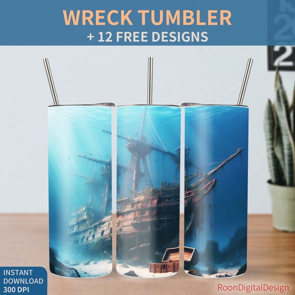 Wreck 20oz Skinny Tumbler Sublimation Design, Wrecked Ship Sink Digital Download PNG Instant, Undersea Straight Tumbler Wrap, Treasure Chest