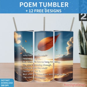 Poezja Literatura 20oz Skinny Tumbler Sublimacja Projekt, Poemat o naturze Cyfrowe pobieranie, Miłośnik książek Prosta butelka Tumbler Wrap Bundle, Liść, Angielski