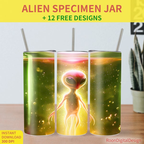 Alien Specimen Jar 20oz Skinny Tumbler Sublimation Design, Digital Download PNG Instant, Sci-Fi Straight Tumbler Wrap, Gift for UFO Lover