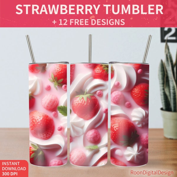 Strawberries 20oz Skinny Tumbler Sublimation Design, Fruit Digital Download PNG Instant, Pink Milk Shake Straight Tumbler Wrap Bundle, Sweet