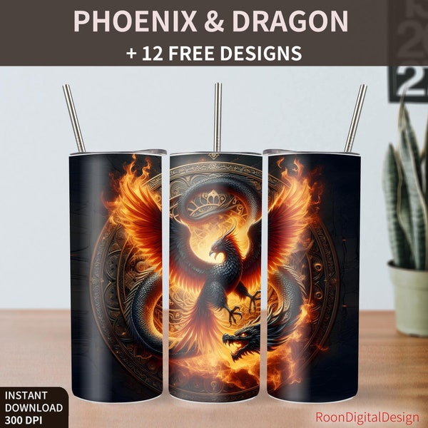 Phoenix & Dragon 20oz Skinny Tumbler Sublimation Design, Fairy Animal Digital Download PNG Instant, Straight Tumbler Wrap Bundle, Loong Year