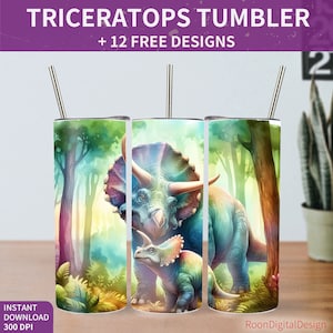 Jurassic 20oz Skinny Tumbler Sublimation Design, Triceratops Digital Download PNG Instant, Dinosaurs Straight Tumbler Wrap, Ancient Animal