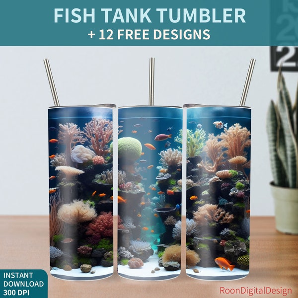 Fish Tank 20oz Skinny Tumbler Sublimation Design, Mini Aquarium Download PNG Instant, Coral Straight Tumbler Wrap, Aquatic Plant Home Decor