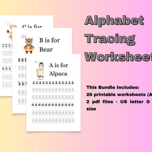 Alphabet Tracing Worksheet, Kids Letter Tracing Printable Worksheet,ABC Handwriting Practice,Preschool/Kindergarten Activity cute animals