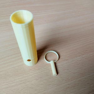 May include: A 3D printed, cream-coloured, cylindrical container with a small hole in the side. A smaller, cream-coloured, 3D printed ring with a short, cylindrical post is also shown.