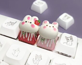Teclas Personalizadas de Conejos para Teclado Mecánico - Accesorios Gamer Kawaii de Conejo y Fresa, Compatibles con Cherry MX, Anime PBT