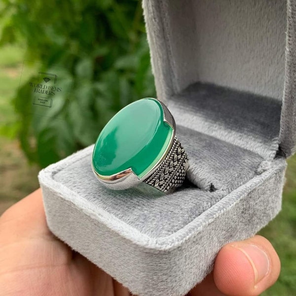 Natural Green Agate Ring Sterling Silver 925 GenuineGemstone Ring Birthstone Ring Aqeeq Ring For Men Gift For Him