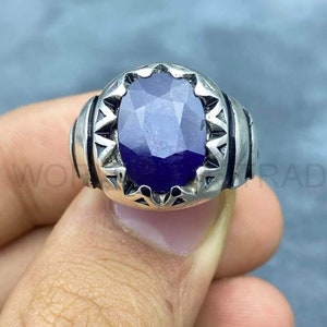 Natural Mens Blue Sapphire Ring Genuine Gemstone Ring For Men Sterling Silver 925 Handmade Ring For Women Gift For Him/Her/Unisex Ring