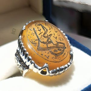 Handmade Natural Agate Ring (Ya Ali Written in Yemeni Agate) Shia Ring 925 Sterling Silver  Mens Aqeeq Ring Unique Birthstone Gift for Him