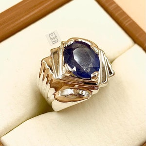 Handmade Sterling Silver 925 Blue Sapphire Men&#39;s Ring - Natural Gemstone Gift for Him Engagement Ring
