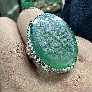 Natural Green Yemeni Agate Ring (Engraved)Sterling Silver 925 Aqeeq Ring Shia Ring Islamic Ring Gift For Him
