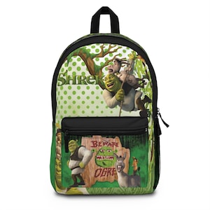 Mochila con collage de personajes de Shrek / Diseño de ogro, burro y gato con botas