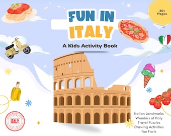 May include: A children's activity book titled "FUN IN ITALY" with illustrations of Italian landmarks, food, and a scooter. The book includes the text "A Kids Activity Book" and "30+ Pages". The book also features a "Certified Product Made in Italy" seal.