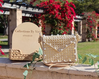 Handwoven Pearla Embellished Envelope Crossbody Palm Bag