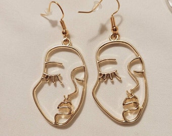 Gold Picasso Face Earrings – Handmade Raw Brass Dangle, Boho Artistic Jewelry