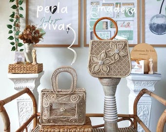 Perlas de Palma Colombian Artisan Handbag, Handmade Woven Straw Purse, Pearl Flower Detail Bag, Boho Summer & Resort Bag