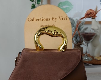 Bolso de lujo de ante marrón – Monedero artesanal hecho a mano con asa dorada, bolso de cuero para mujer