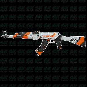 Puede incluir: Una pegatina de un rifle blanco y naranja estilo AK-47. El rifle tiene detalles en negro y el texto "GX" se repite en el fondo. El diseño incorpora formas y líneas geométricas.
