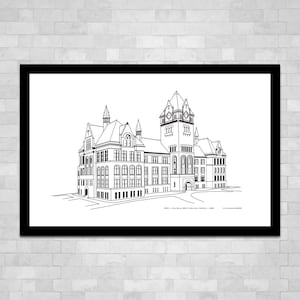 May include: Black framed architectural print featuring a detailed line drawing of a building with a clock tower. The artwork is in black and white, showcasing the building's facade, windows, and roof details. Text at the bottom reads "WSU - Old Main, 4001 Cote Ave, Detroit - 1896".