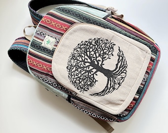 Mochila de cáñamo con estampado de árboles: Mochila de algodón orgánico del Himalaya