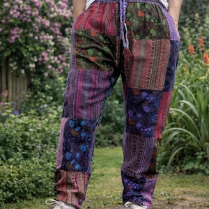 Patchwork katoenen broek met Himalaya paddenstoelprint | Handgemaakte boho hippiebroek