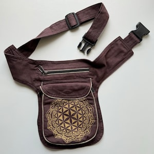 May include: A brown canvas fanny pack with a zipped pocket and a large gold geometric design on the front.