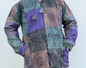 Unisex Fleece gefütterte Patchwork-Jacke aus Himalaya Gheri-Baumwolle