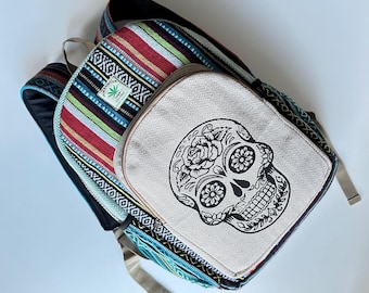 Mochila de cáñamo del Himalaya con estampado de calaveras: mochila ecológica de algodón orgánico