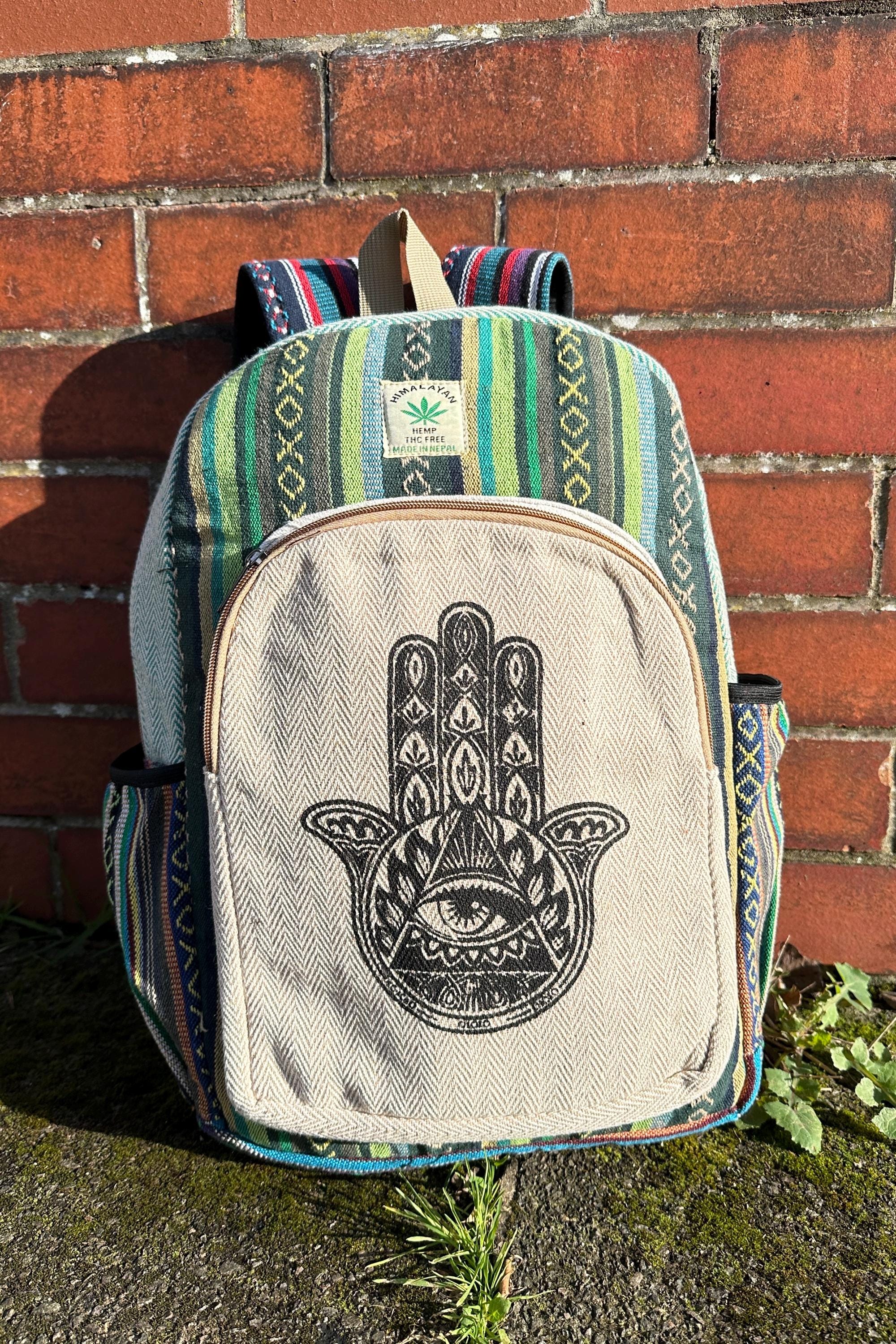 Hamsa Print Himalayan Hemp Backpack: Eco-friendly Organic 